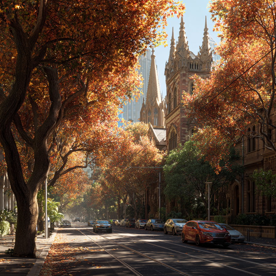 A city street lined with trees displaying vibrant autumn foliage, historic church buildings with Gothic spires in the background, parked cars along the road under clear daylight