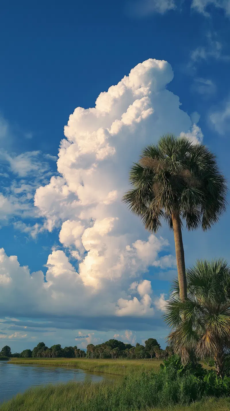 Landscape featuring tall palm trees and dramatic white clouds over water