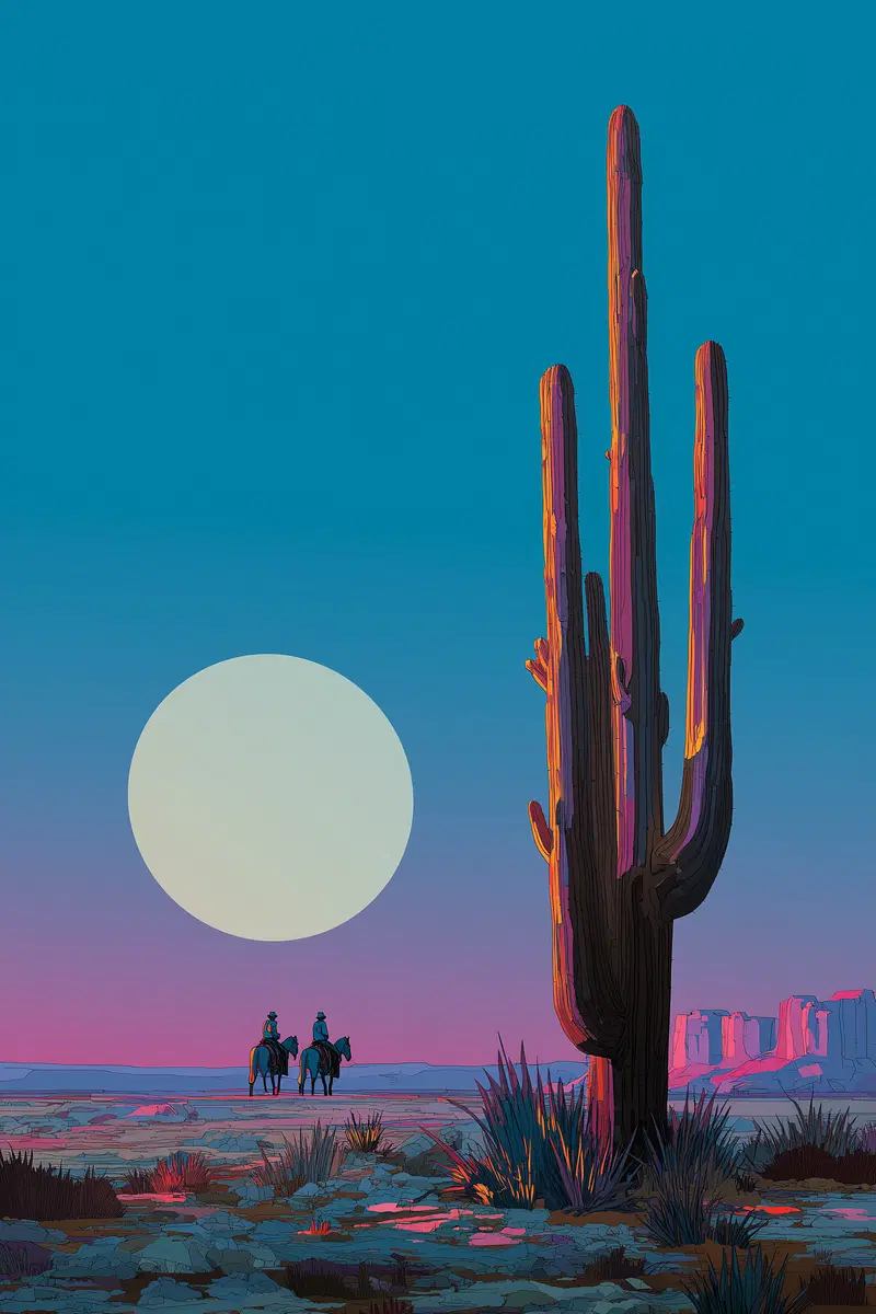Desert Landscape with Large Cactus and Horse Riders at Sunset