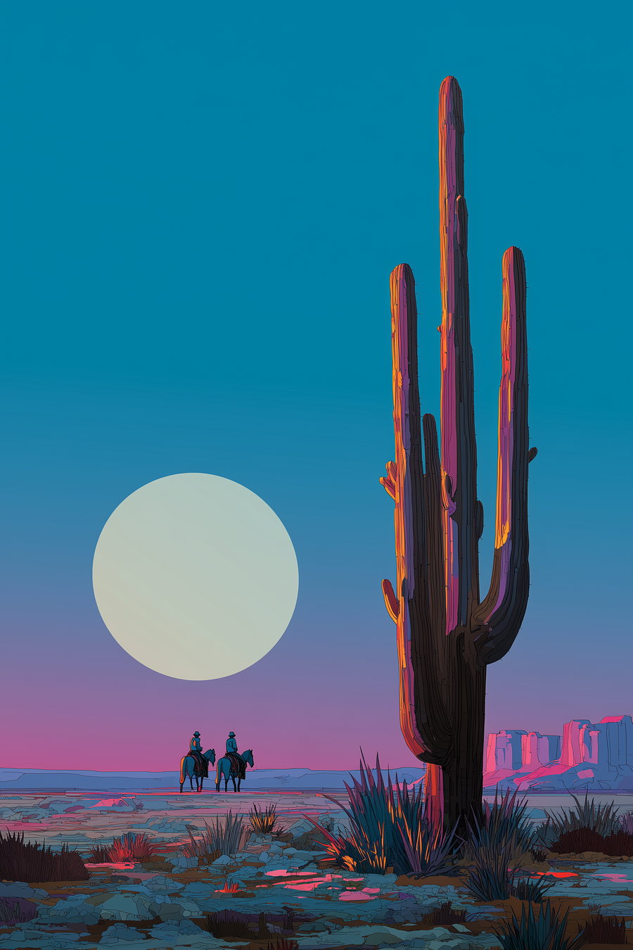 Illustration of a desert landscape featuring a tall cactus in the foreground, two people riding horses in the middle ground, and a large setting sun against a blue and purple sky.
