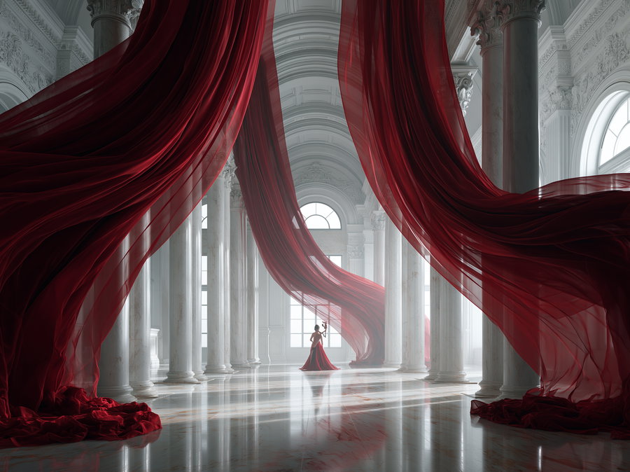 A grand hall featuring white marble columns and high arched windows with large, flowing sheer red fabric draped dramatically; a woman in a red gown stands in the center holding a candleholder