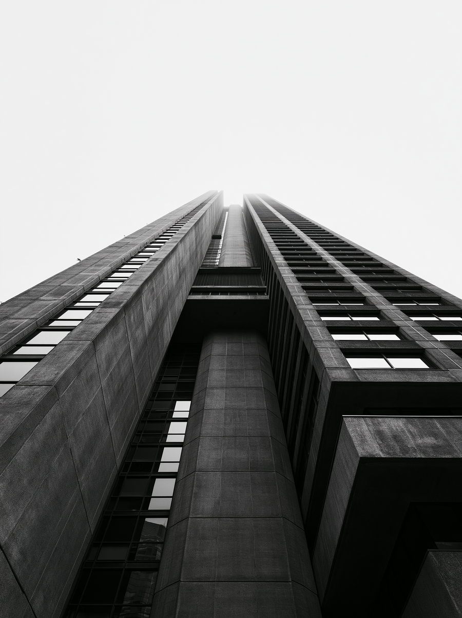 Black and white image showing the upward perspective of a tall skyscraper with vertical lines and multiple windows against a clear sky