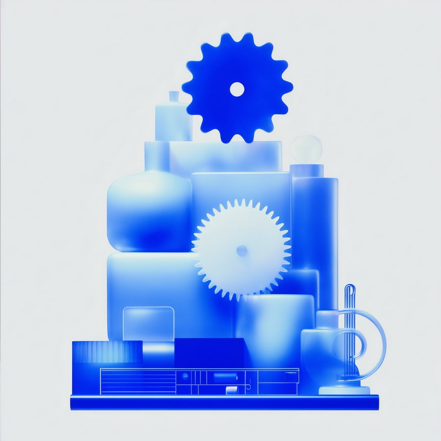 Abstract composition of various geometric shapes and gears in blue hues arranged vertically on a flat surface against a plain background