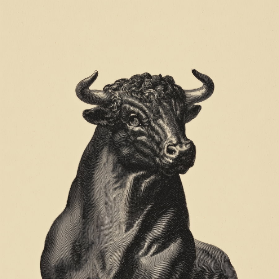 Black and white detailed illustration of a bull with prominent horns on a beige background