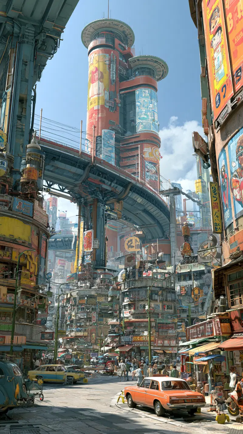 Futuristic retro cityscape with vintage cars and towering roads