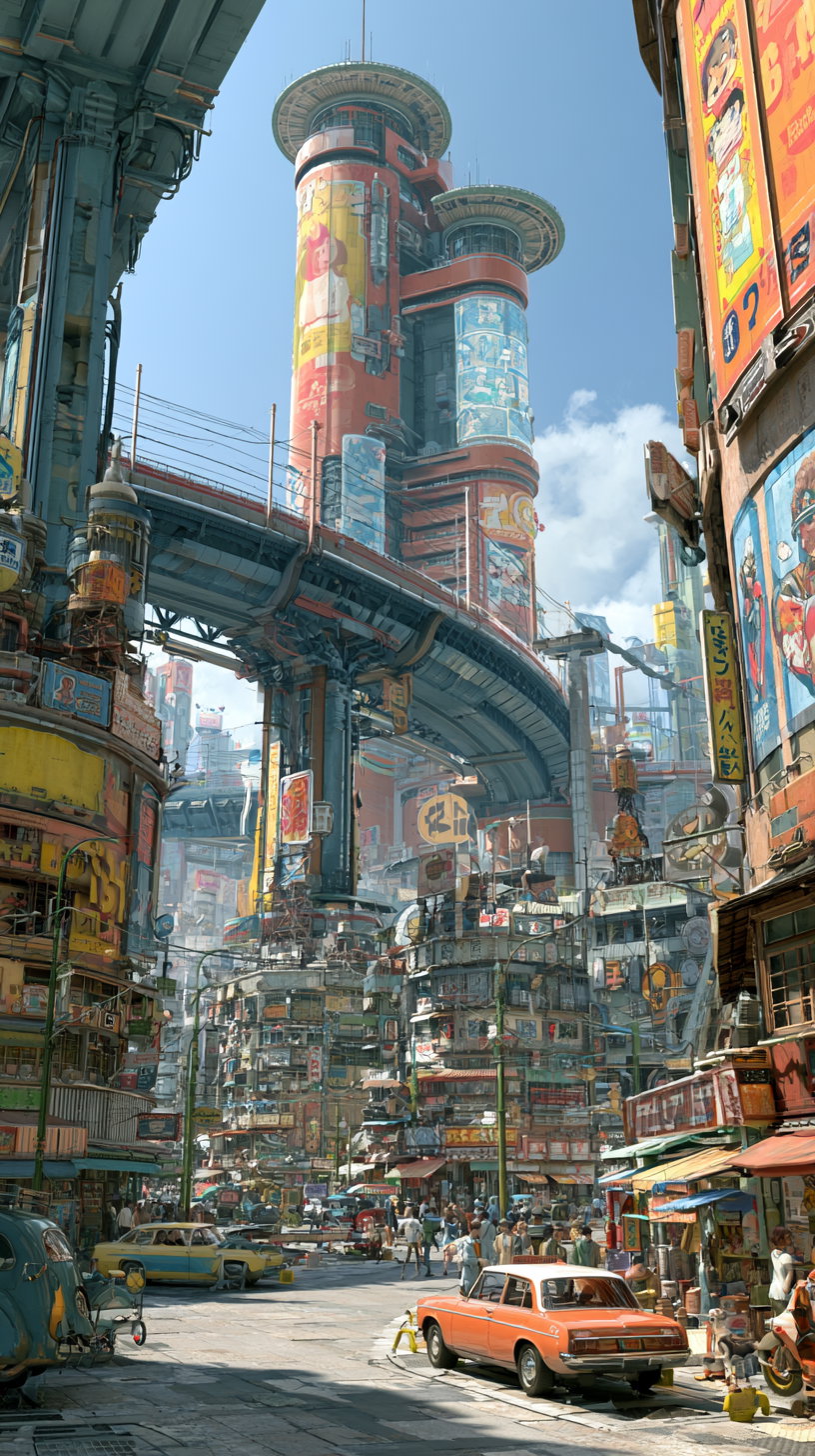 A crowded urban street scene with retro cars, busy pedestrians, and towering cylindrical buildings connected by elevated curved roadways under a clear blue sky