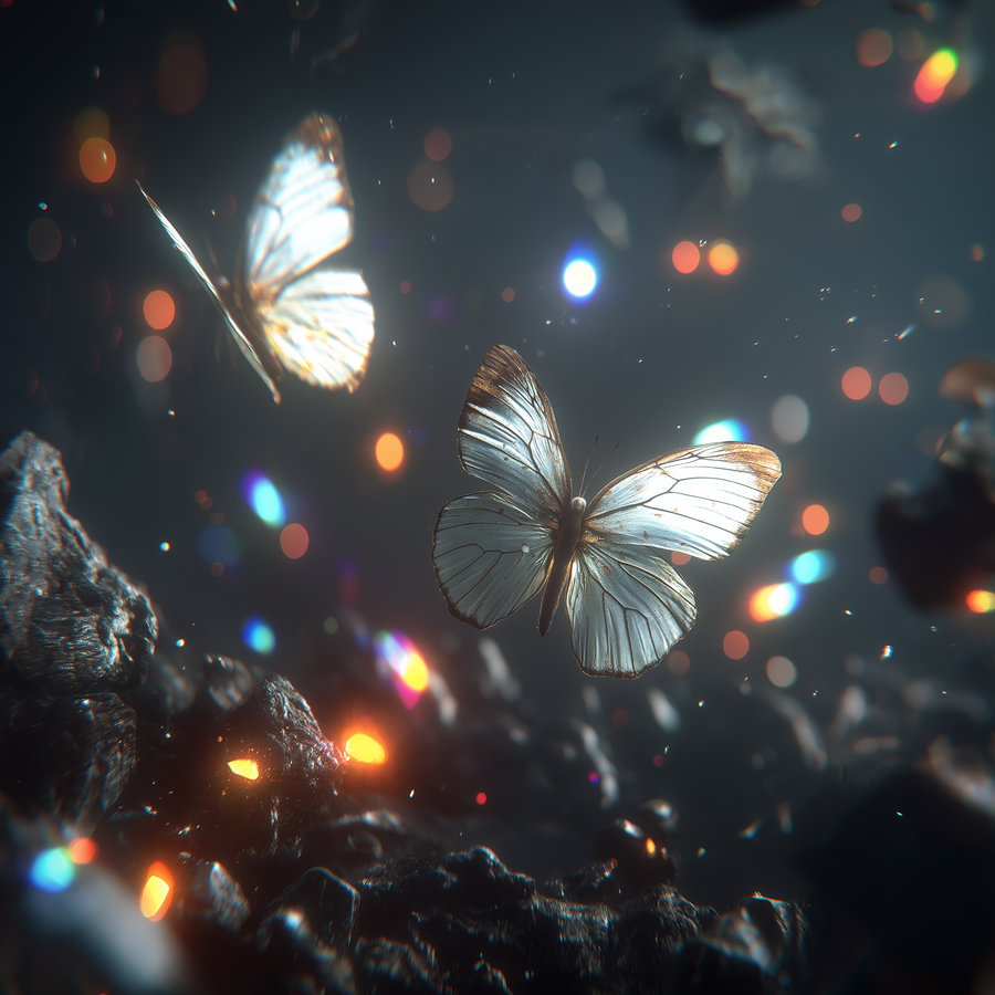 Close-up of translucent butterflies with delicate wings flying over dark rocky terrain illuminated by multicolored glowing light spots