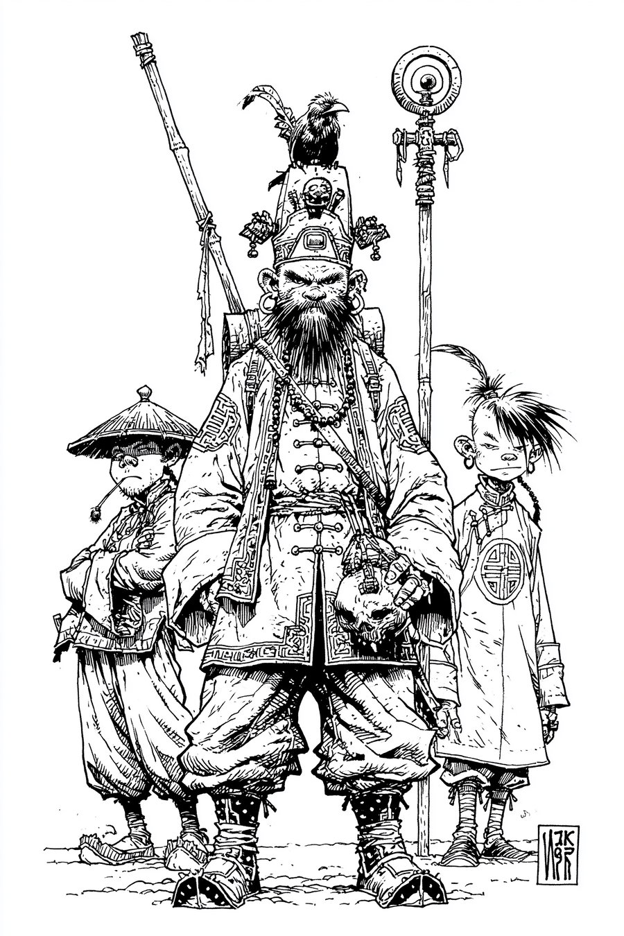 Black and white drawing showing three men in traditional European-style clothing with detailed patterns, one holding a staff with a bird on his head, another smoking a pipe, and the third with a mohawk hairstyle.
