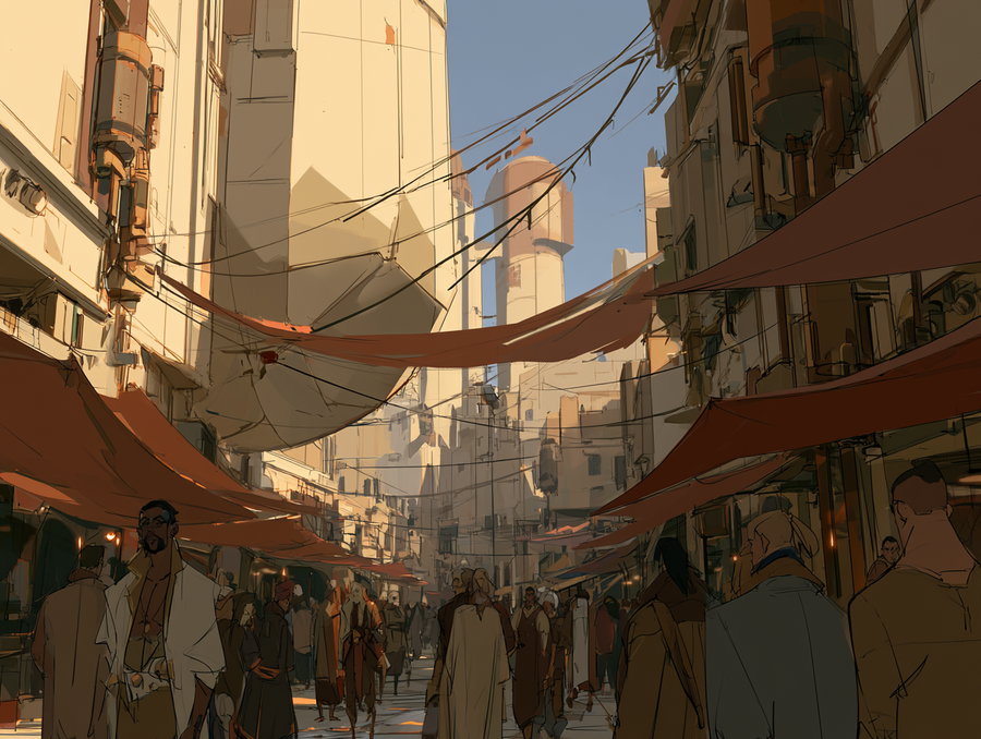 Illustration of a crowded street market with many people walking between tall buildings, shaded by large orange fabric awnings, with a clear blue sky overhead