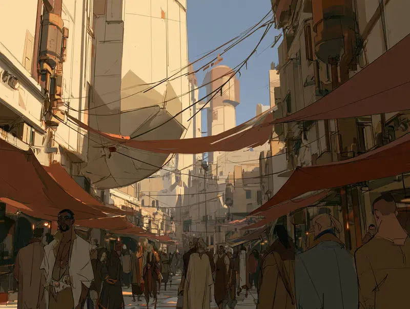 Vintage style urban street market with people and tall buildings under fabric shades