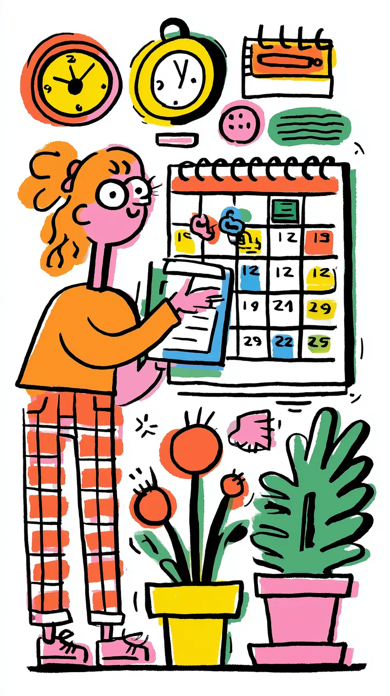 Colorful modern illustration of a person checking a calendar surrounded by clocks and plants