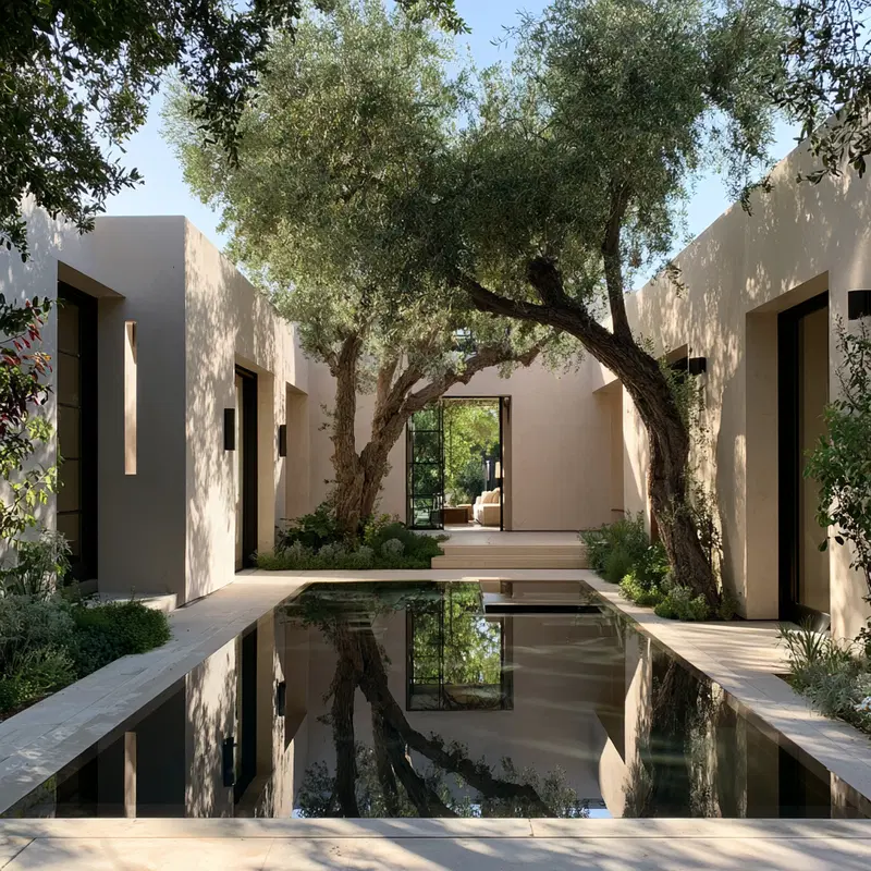 Serene courtyard with modern architecture and reflecting pool surrounded by greenery