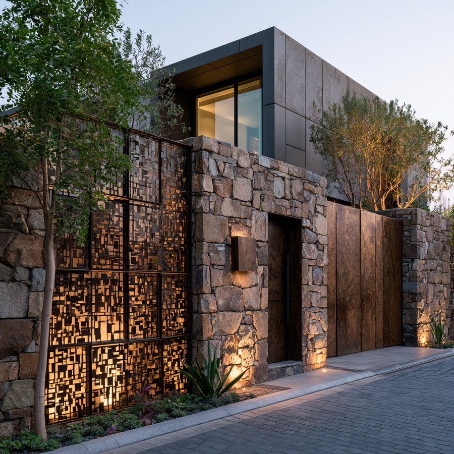 A modern house exterior with a stone wall and a decorative metal panel illuminated by warm lighting, alongside trees and plants along a paved street.