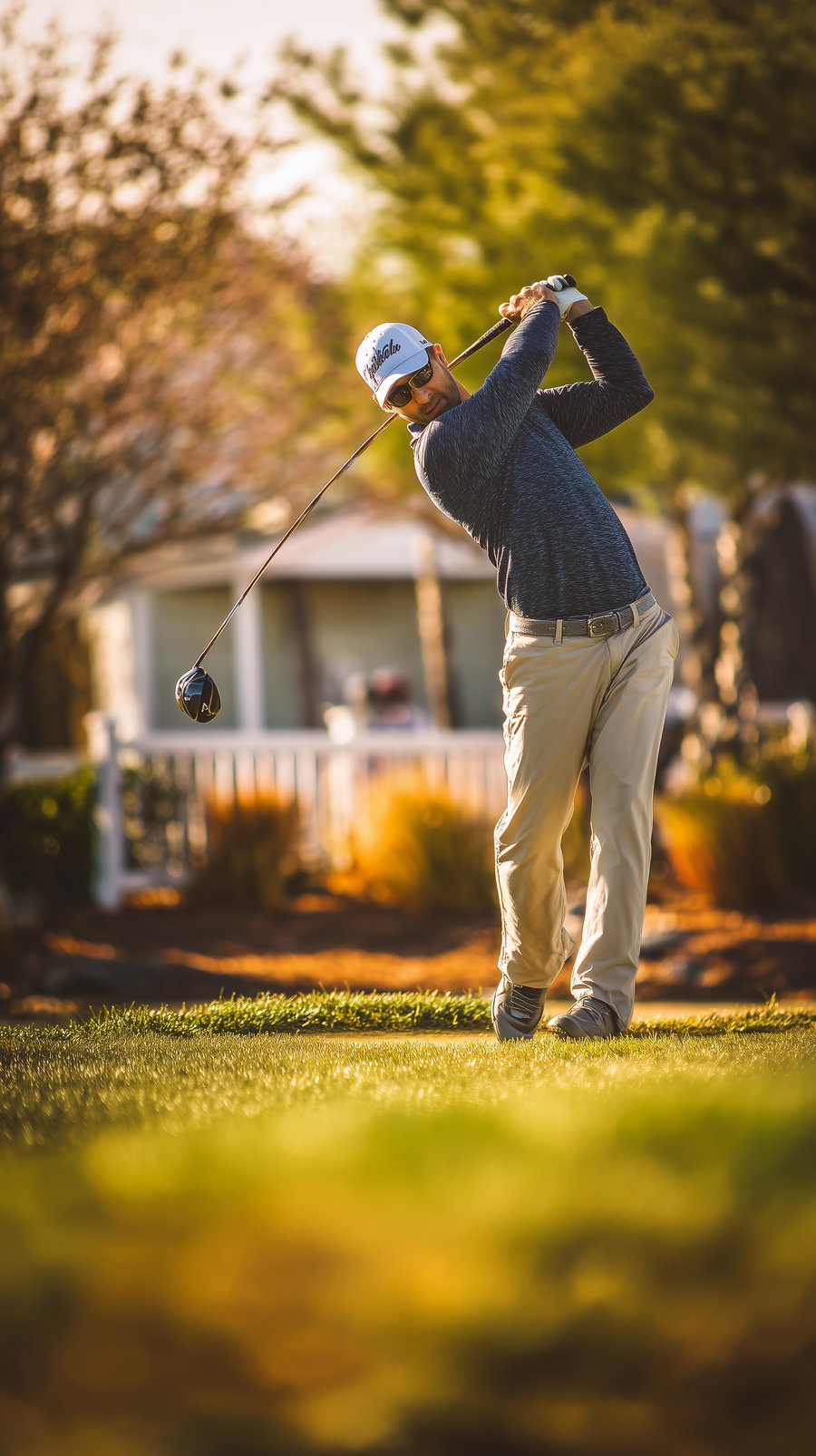 Man wearing sunglasses and cap swinging a golf club on green grass during sunny day