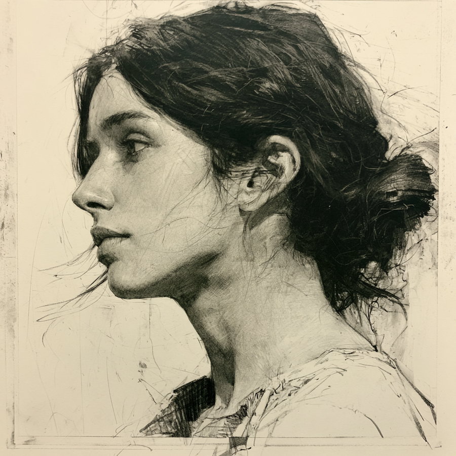 Black and white charcoal portrait of a young woman in profile with detailed hair and soft facial features