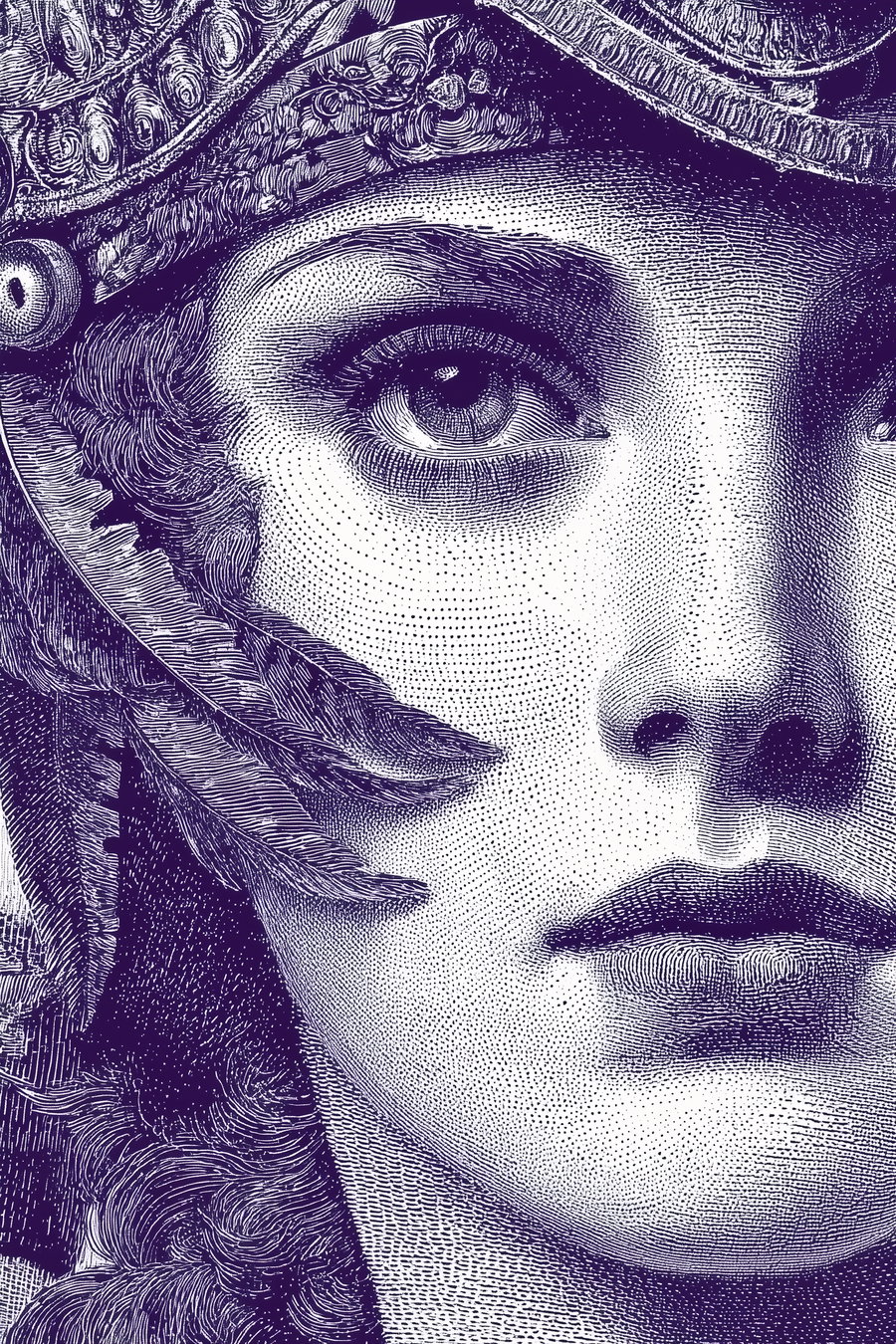 Close-up detailed black and white etching of a woman's face wearing a helmet adorned with feathers