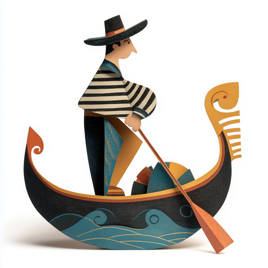Illustration of a man wearing a wide-brimmed hat and striped shirt rowing a decorated gondola with an oar on stylized water.