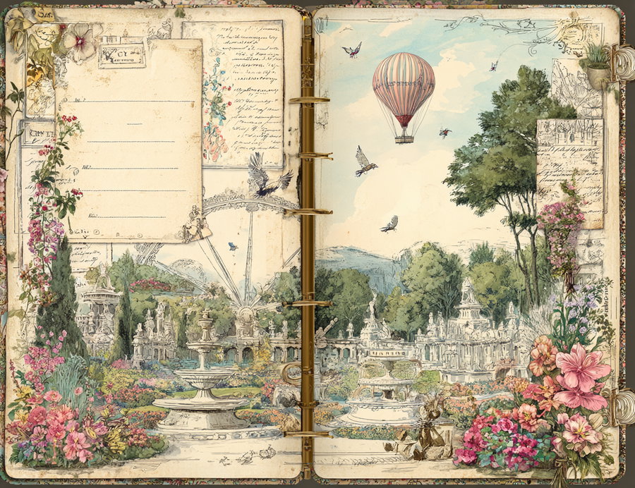 Open vintage sketchbook featuring a detailed garden with fountains and statues, surrounded by colorful flowers, handwritten text and a hot air balloon in the sky