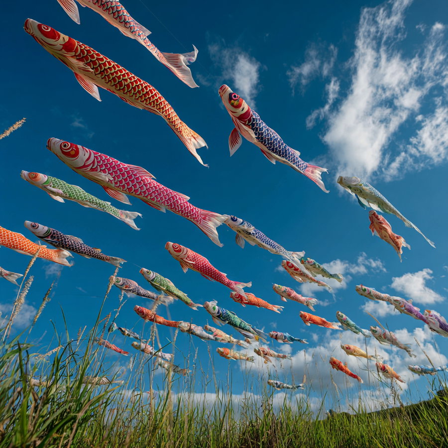 Multiple colorful fish-shaped koinobori windsocks flying in the air with grass and fields below under a blue sky with clouds