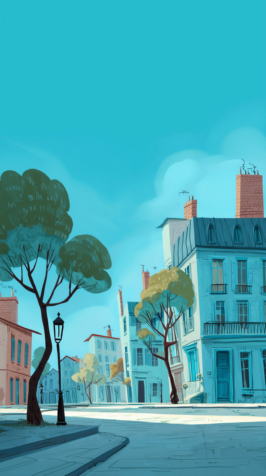 Illustration of a city street with vintage-style buildings, trees, street lamps, and a clear blue sky