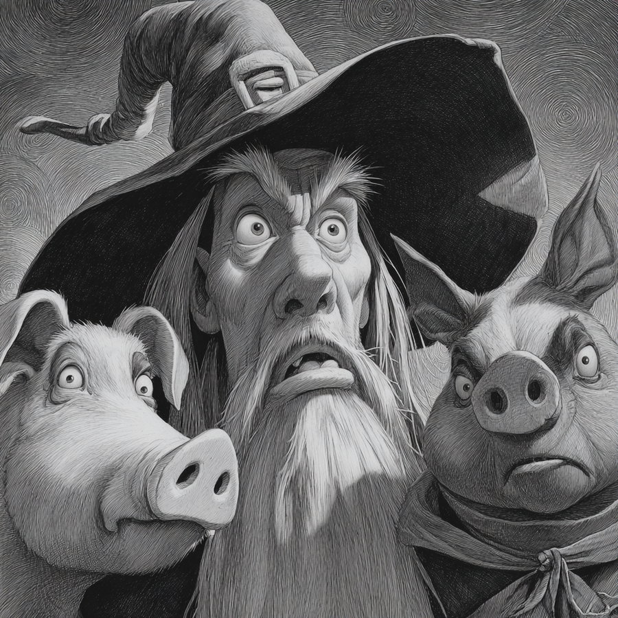 Black and white detailed drawing of a wizard wearing a large hat with a buckle, flanked by two pigs with wide eyes and distinct facial expressions