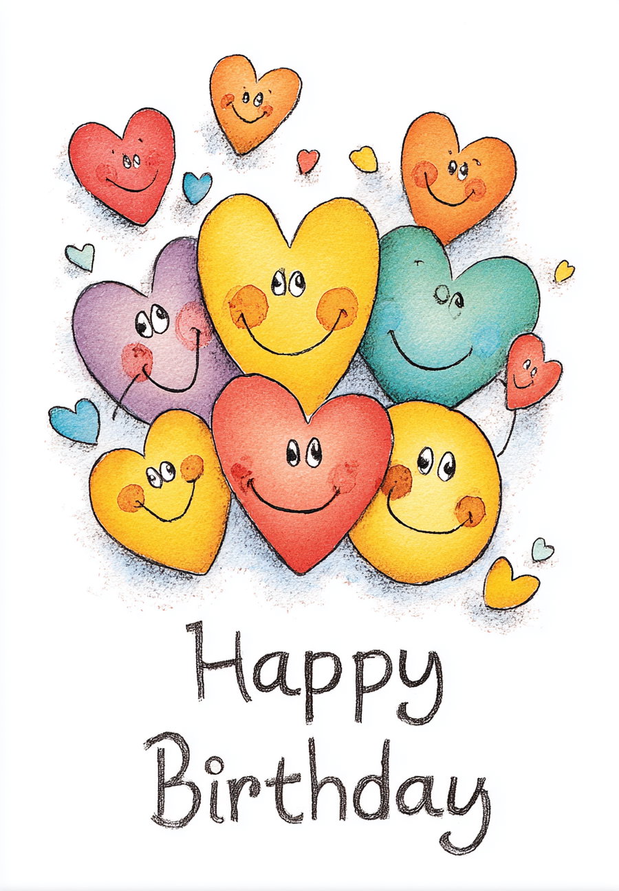 Illustration of various smiling heart shapes in different colors with the text happy birthday below on white background