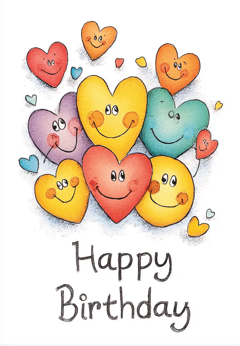 Colorful happy birthday card with smiling heart shapes illustration