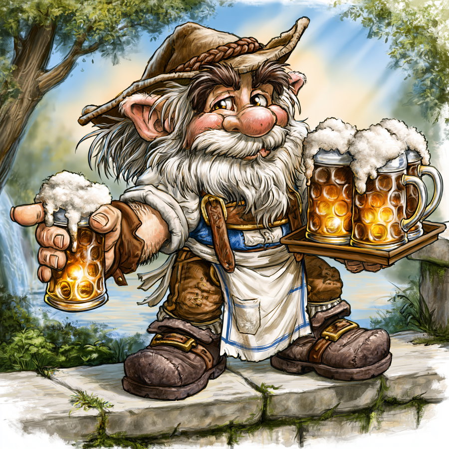 A cartoonish fantasy creature with a fluffy white beard and a wide-brimmed hat holding a tray with three frothy beer mugs, standing outdoors beside a tree and stone railing under sunlight