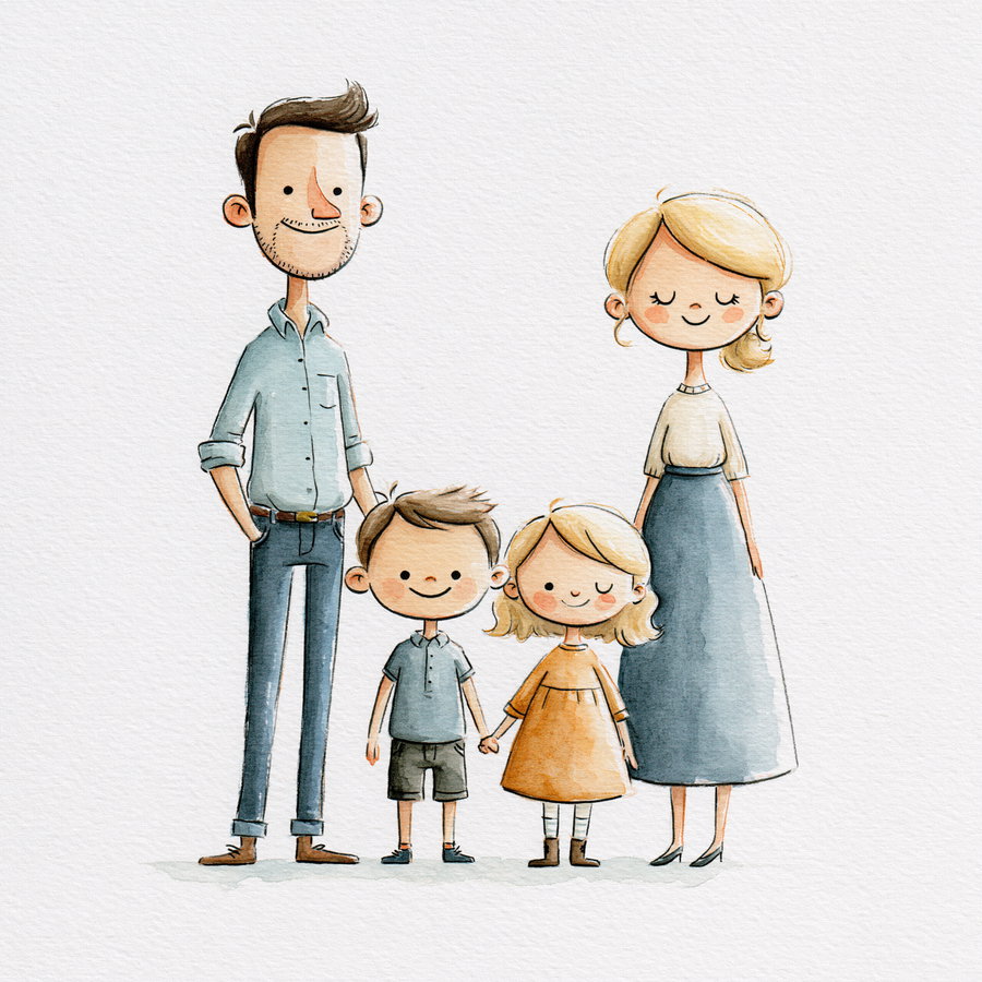 A watercolor painting of a smiling family with a father, mother, and two children holding hands, all dressed in casual clothes