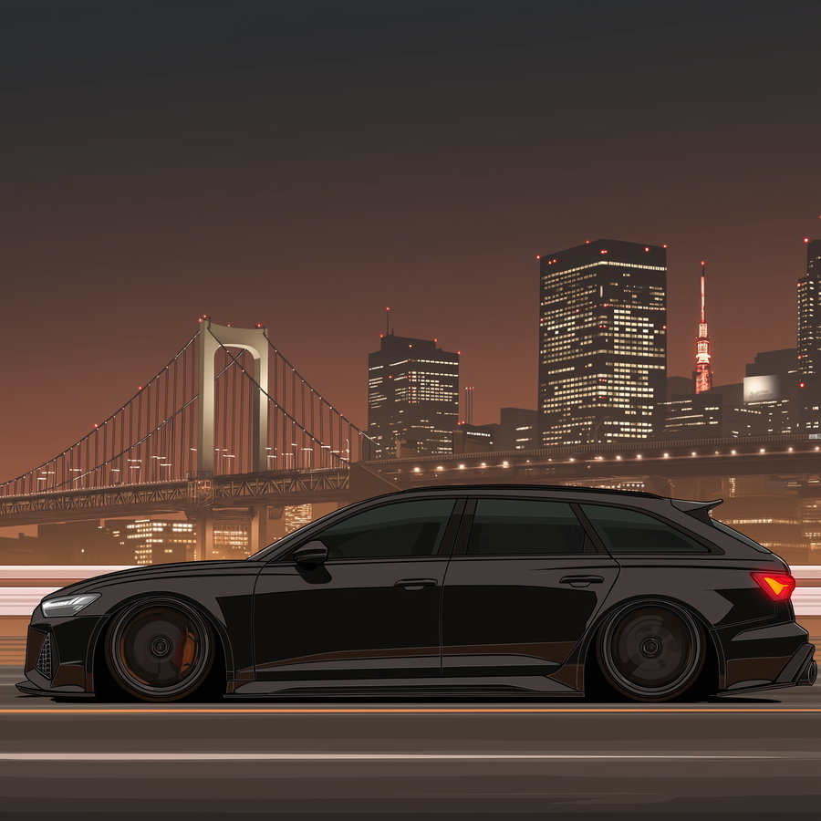 Illustration of a low stance black car on a bridge with a city skyline and lit buildings in the background at dusk
