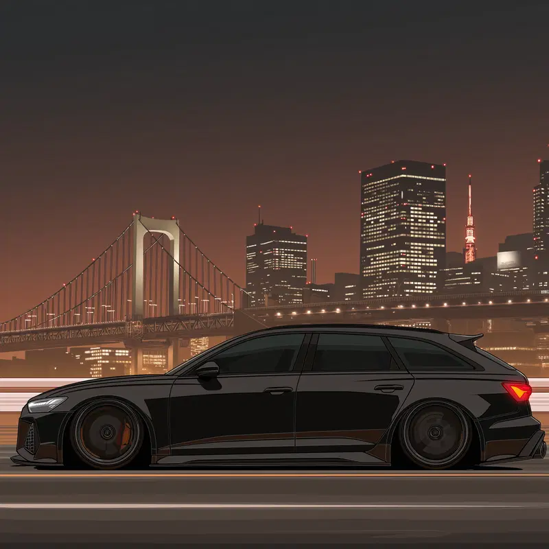 Digital art of a sleek black car parked on a city bridge at dusk with illuminated skyline