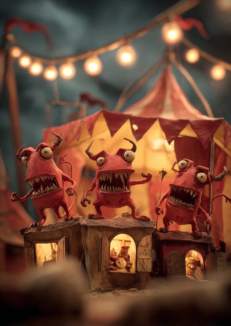Whimsical Red Monster Figures on a Miniature Carnival Setting with String Lights