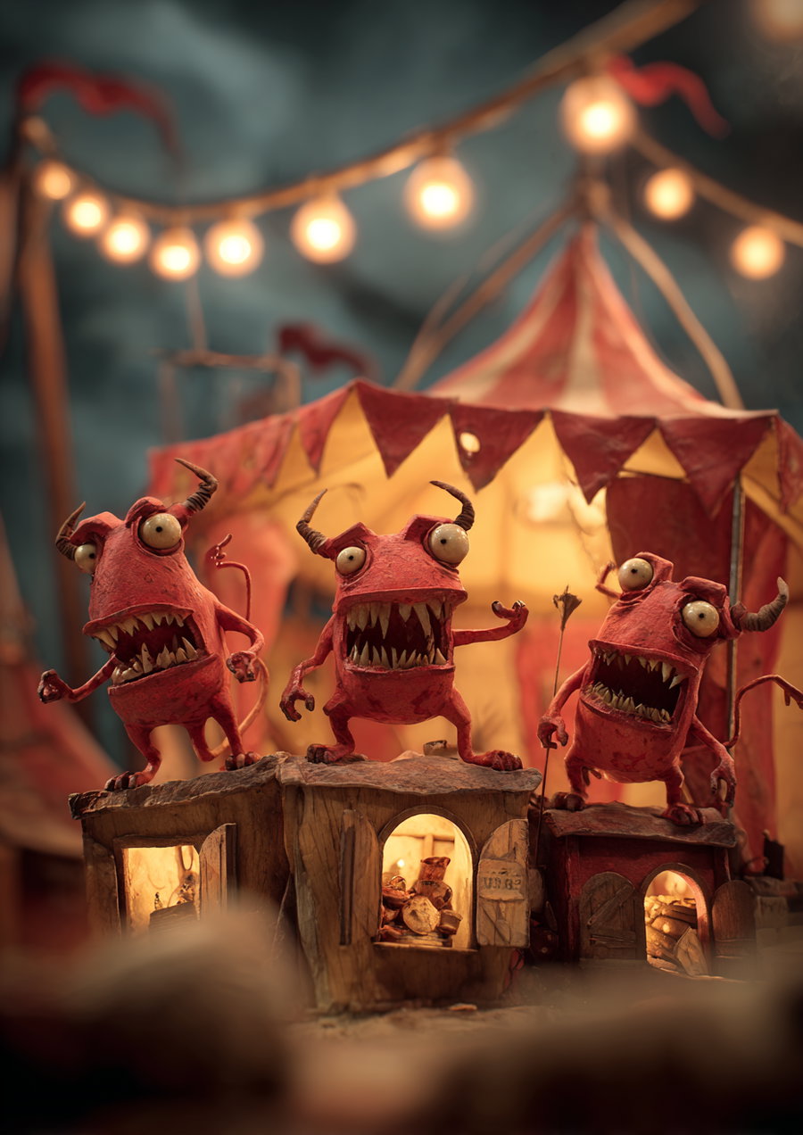 Three red monster figurines with horns and big eyes standing on a miniature carnival setup with lit small buildings and string lights in the background, under a cloudy sky.