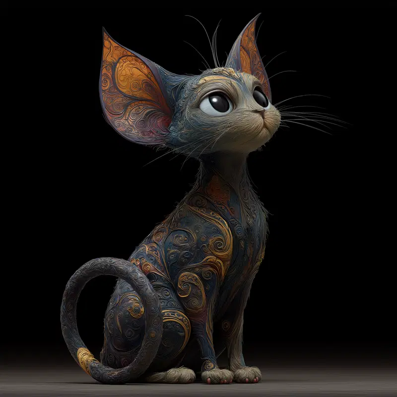 Intricately detailed artistic depiction of a stylized cat with ornate patterns