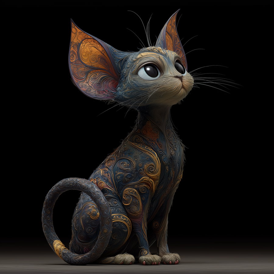Stylized cat sitting with large ears and ornate swirling patterns in shades of dark blue and orange against a black background