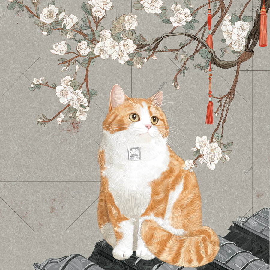 Illustration of a fluffy orange and white cat sitting on a tiled surface with blooming white flowers and orange tassels hanging from tree branches against a gray background