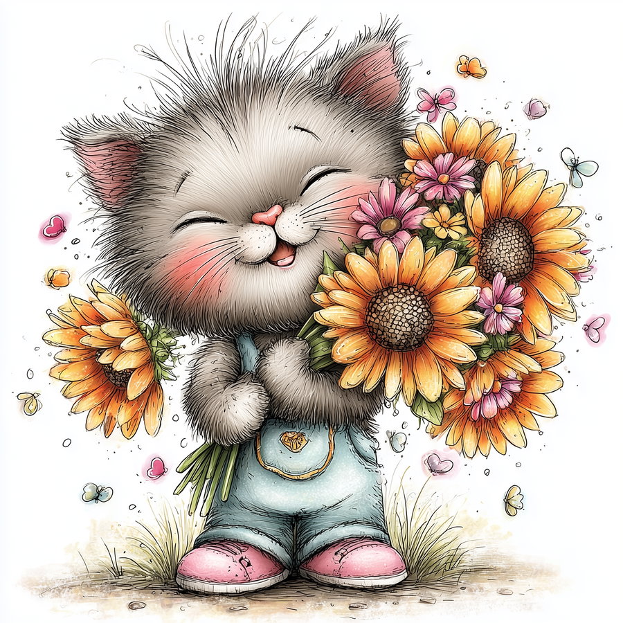 A smiling cartoon gray cat in blue overalls and pink shoes holding a large bouquet of sunflowers and pink flowers surrounded by small colorful butterflies and hearts
