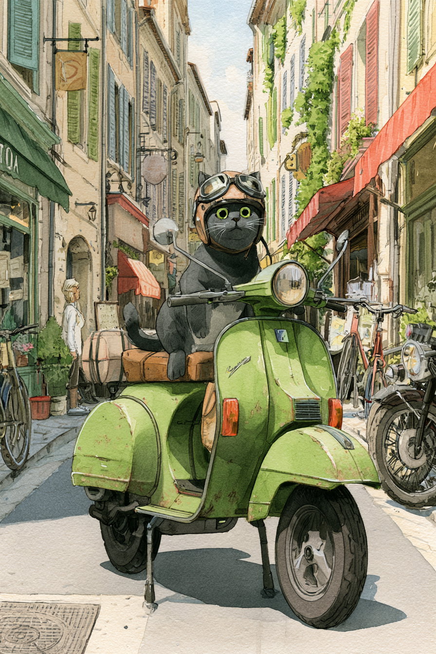 A watercolor illustration featuring a black cat wearing a leather helmet and goggles sitting on a worn green vintage scooter parked on a narrow street with Mediterranean buildings and bicycles