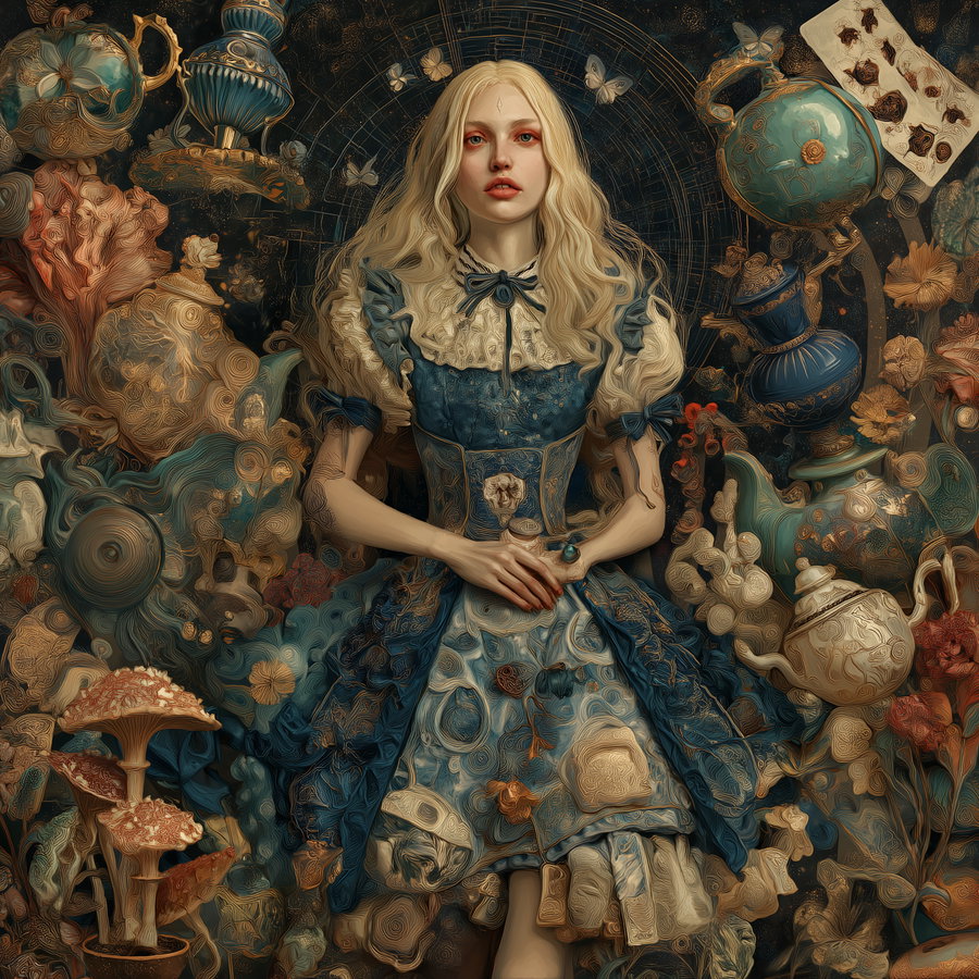 A blonde girl in a blue and white dress with puffed sleeves and lace stands amid a fantastical scene filled with oversized pottery, mushrooms, butterflies, and swirling abstract shapes