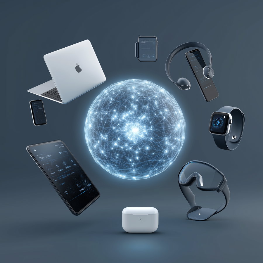 A digital illustration of various modern smart devices including a laptop, smartphone, smartwatch, headphones, wireless earbuds, and a digital neural network sphere in the center on a dark background