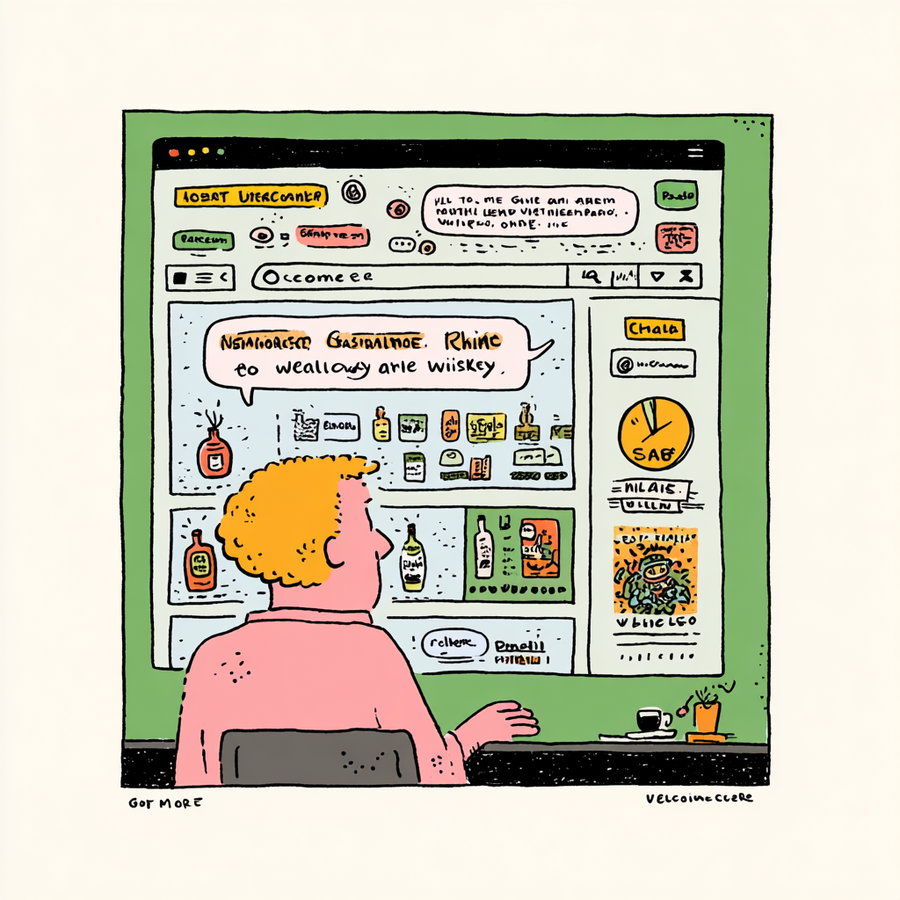 A cartoonish illustration showing a person with orange hair sitting at a desk and looking at a large computer screen filled with various colored text boxes, icons, and images; the background is green with a cup and a plant on the desk