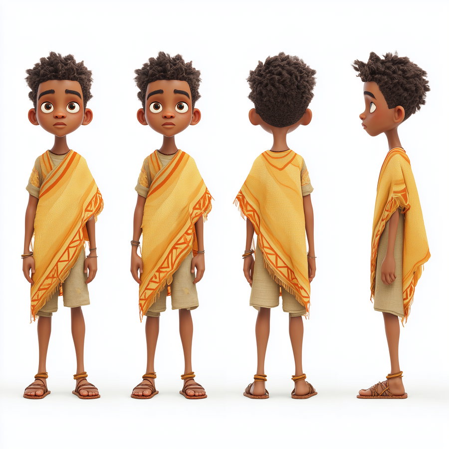 Four views (front, front angle, back, side) of a 3D character model of a brown-skinned boy with curly hair wearing a beige tunic and yellow-orange patterned poncho with sandals