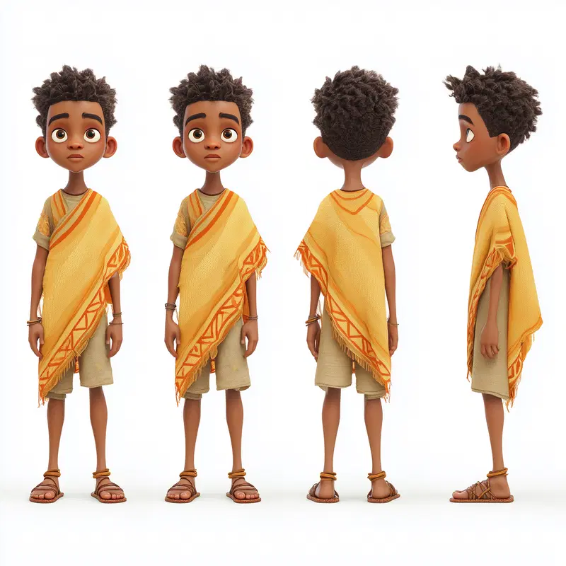 3D character model turnarounds of a young boy in traditional attire with detailed expressions
