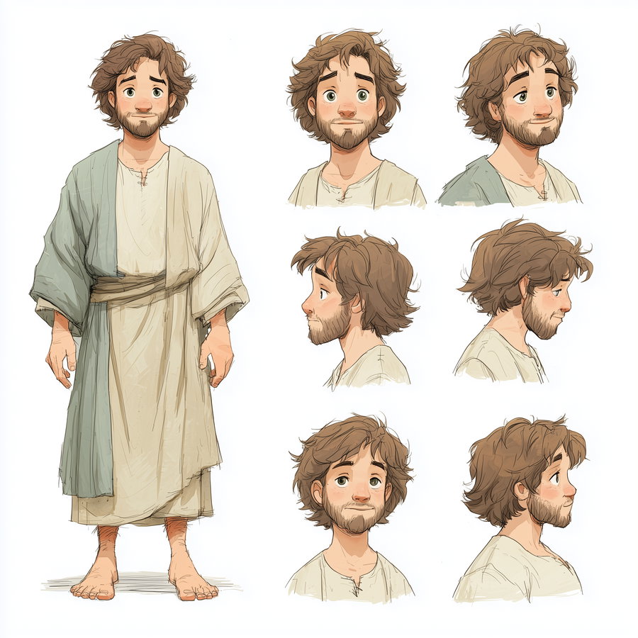 Various portrait sketches of a young man with brown hair and beard wearing a simple ancient robe, shown with different facial angles and expressions on a white background.