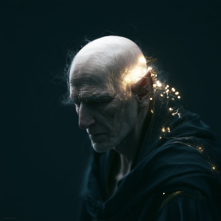 Portrait of an elderly bald man with a somber expression, wrapped in dark clothing, illuminated by small glowing lights around his head and shoulders against a dark background