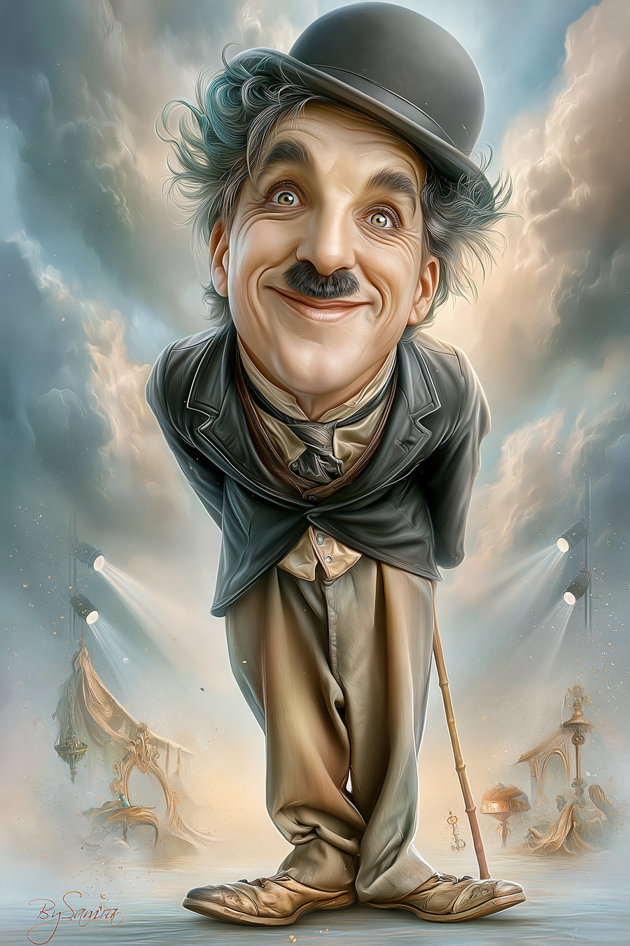 A detailed digital caricature of a man wearing a bowler hat, black jacket, beige pants, and holding a cane, standing with hands behind back, smiling widely with a whimsical cloudy background.
