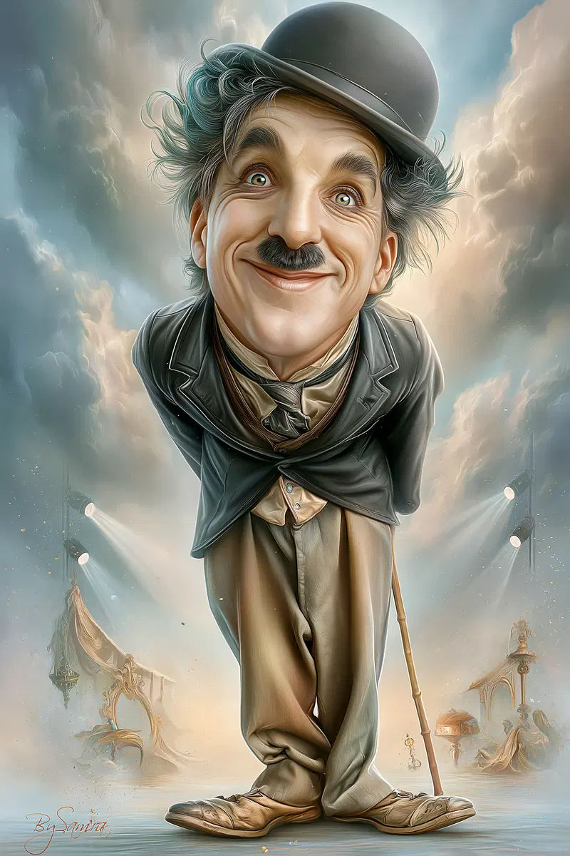 Digital caricature of a cheerful man in vintage attire with a bowler hat and cane