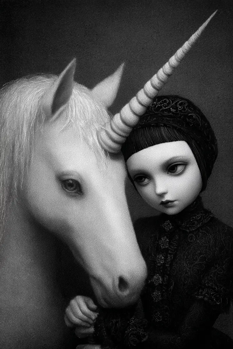 Black and white dark academia style portrait with a girl and a unicorn