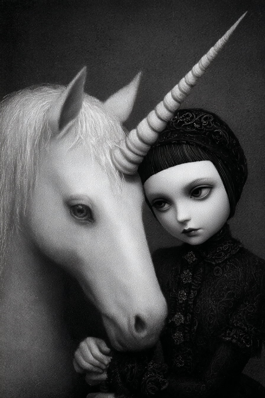 Black and white detailed portrait of a girl in vintage dark attire with a unicorn, both facing forward with a somber expression