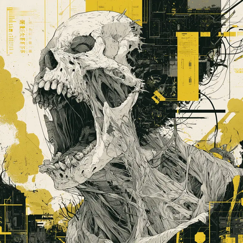 Intricate dark academia art featuring a detailed skeletal figure with yellow and black abstract background